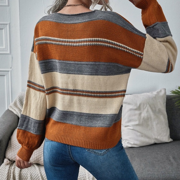 color block stripes v neck knit fall sweater rust - Picture 3 of 4